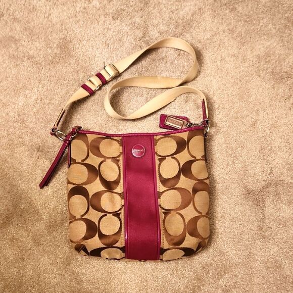 Coach Signature Stripe Crossbody Bag Fuschia Purple & Brown - Picture 1 of 13